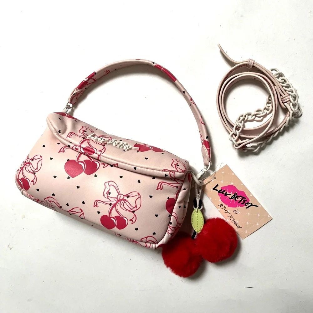 NWT Betsey Johnson Cherry Shoulder Crossbody Bag Pink Furry Charm Striped Zip